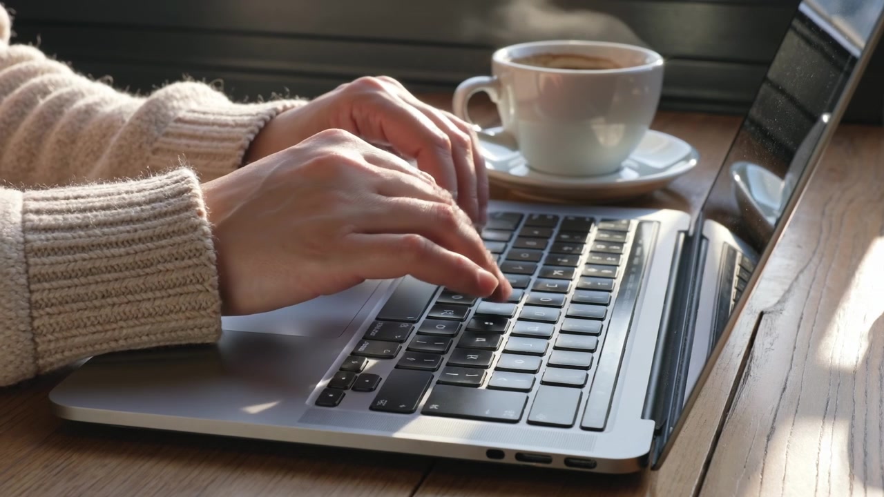 Mani che digitano su una tastiera di laptop su una scrivania di legno con una tazza di caffè nelle vicinanze.