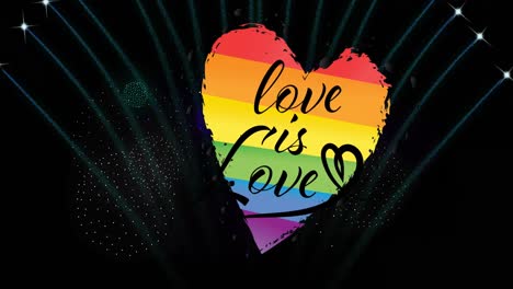 animation of pride rainbow love is love heart and fireworks exploding on black background