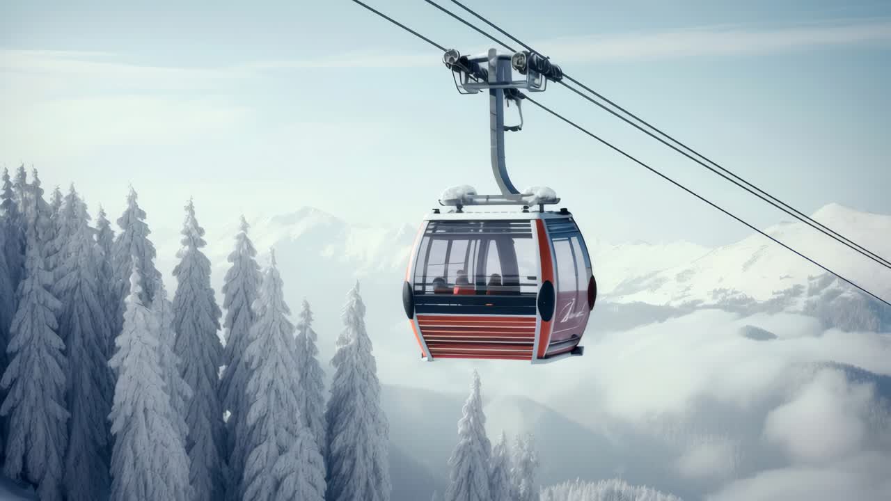 Video aereo di una funivia rossa che scivola su alberi e montagne innevate