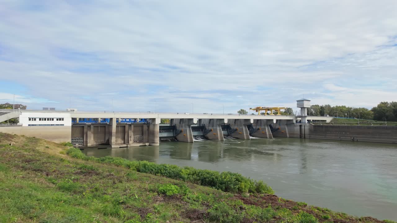 Dam at the outlet of Lake Tisza, so-called Kiskörei industrial bridge, on an autumn cloudy day in Hungary