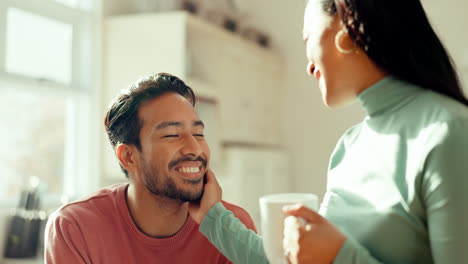 Love,-coffee-and-happy-with-couple-in-kitchen