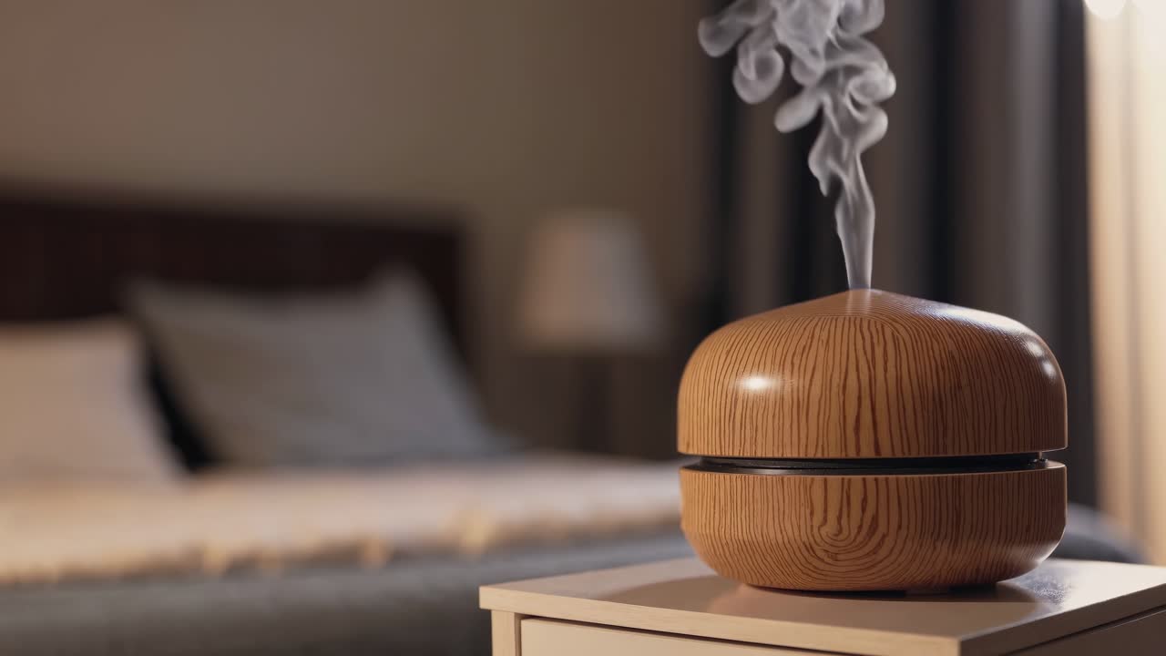 Diffuseur aromatique libérant de la brume dans une chambre douillette. Capturée à hauteur des yeux, la vidéo met l'accent sur.
