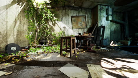 abandoned room overgrown with plants