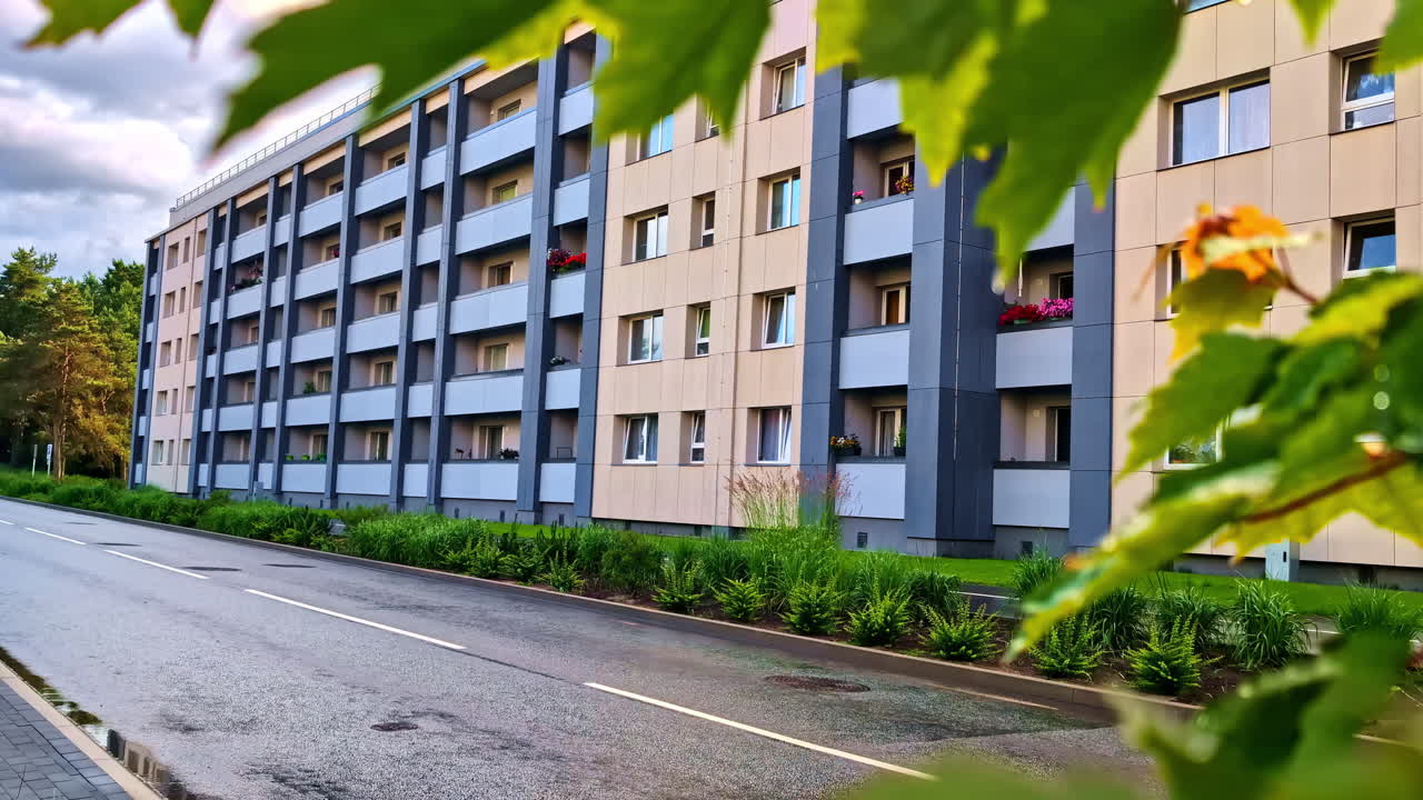 Street and apartment building view framed by green maple leaves in foreground. Static view