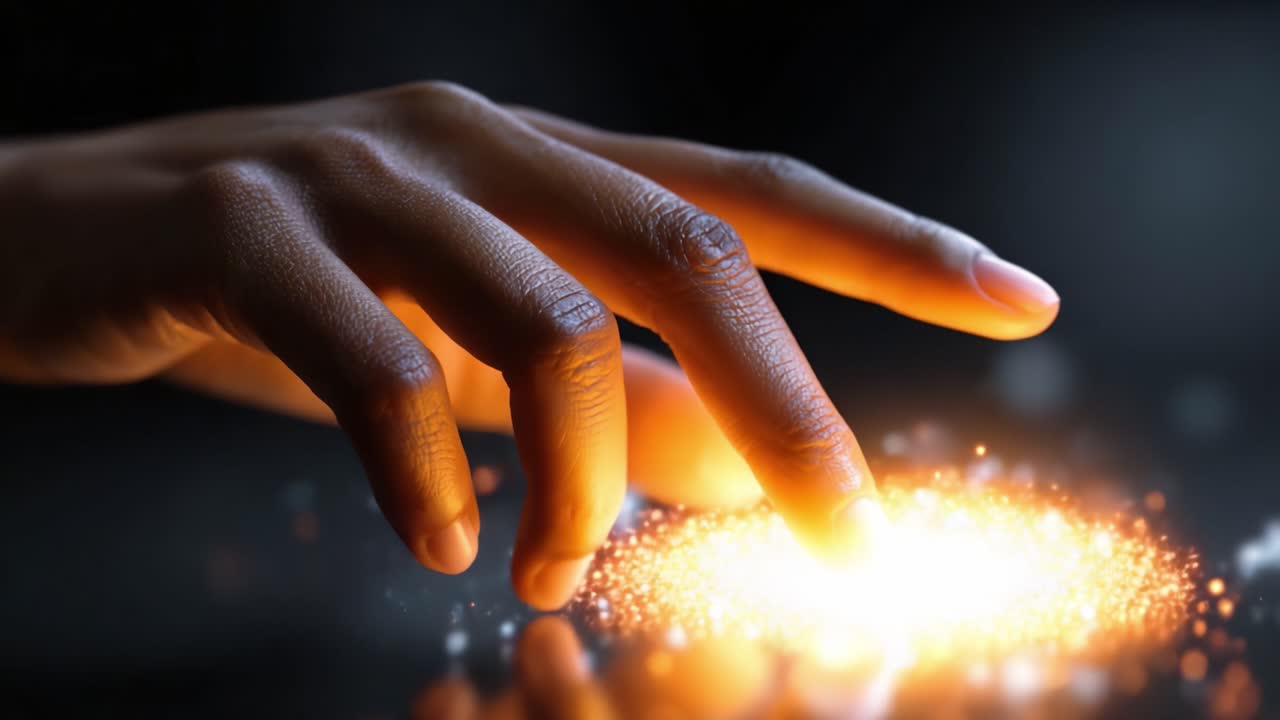 A Captivating Exploration of Light and Touch: A Hand Reaching Out Towards a Glowing Sphere of Sparkling Energy and Radiance in a Dark Background Environment