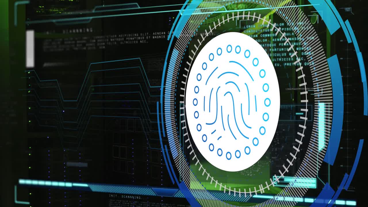 анимация обработки данных с иконой отпечатка пальца над серверной комнатой