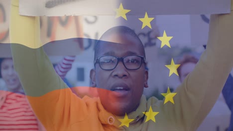 Animation-Der-Flagge-Russlands-Und-Der-Europäischen-Union-über-Einem-Afroamerikanischen-Männlichen-Demonstranten