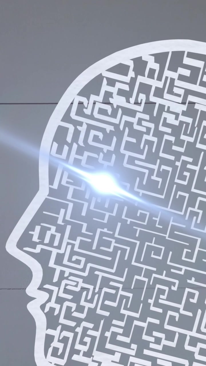 Animação de cabeça e pontos de luz sobre quebra-cabeças coloridos