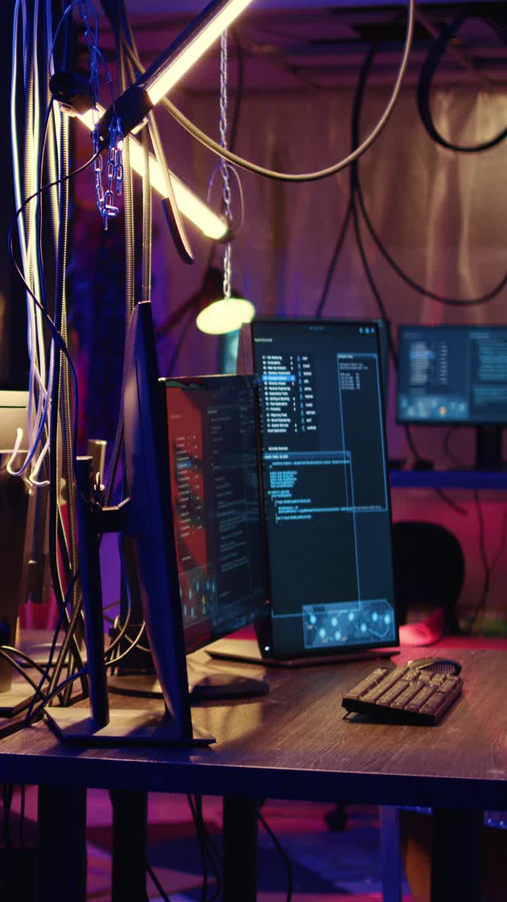 Vertical video PC hacking software in underground base