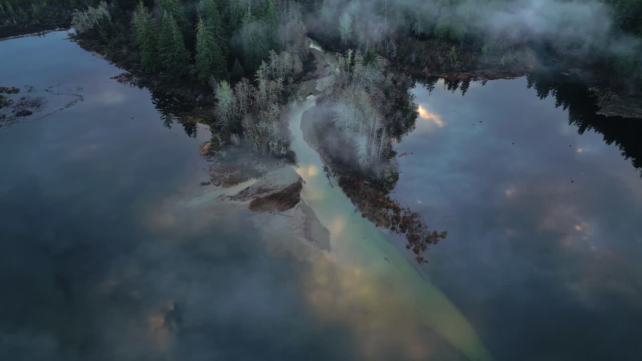 vista aérea de un lago pintoresco aislado y árboles neblinosos al amanecer