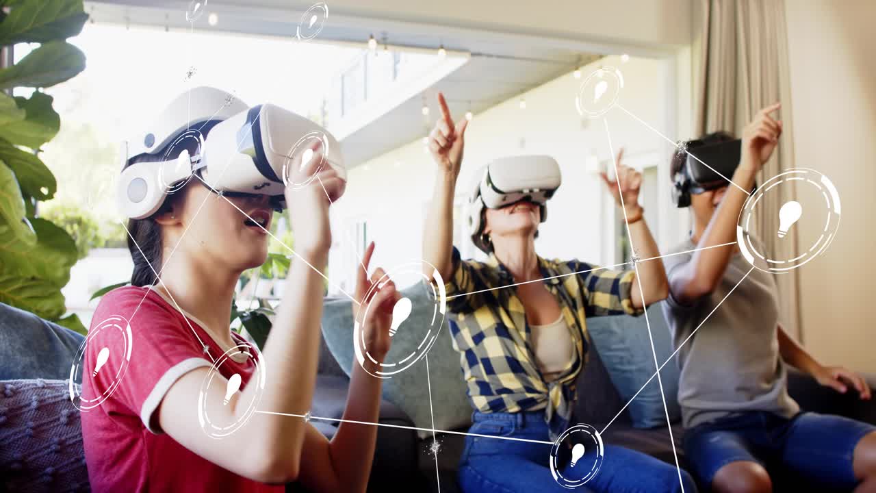 Three friends on sofa donning VR gear, starting shared circular UI lines, gesturing for tech play