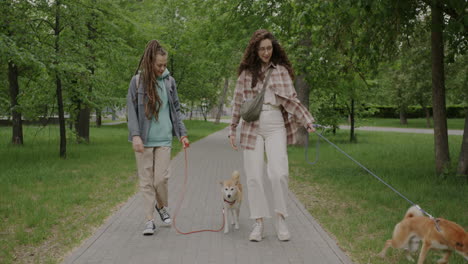 two women and their dogs walking in a park