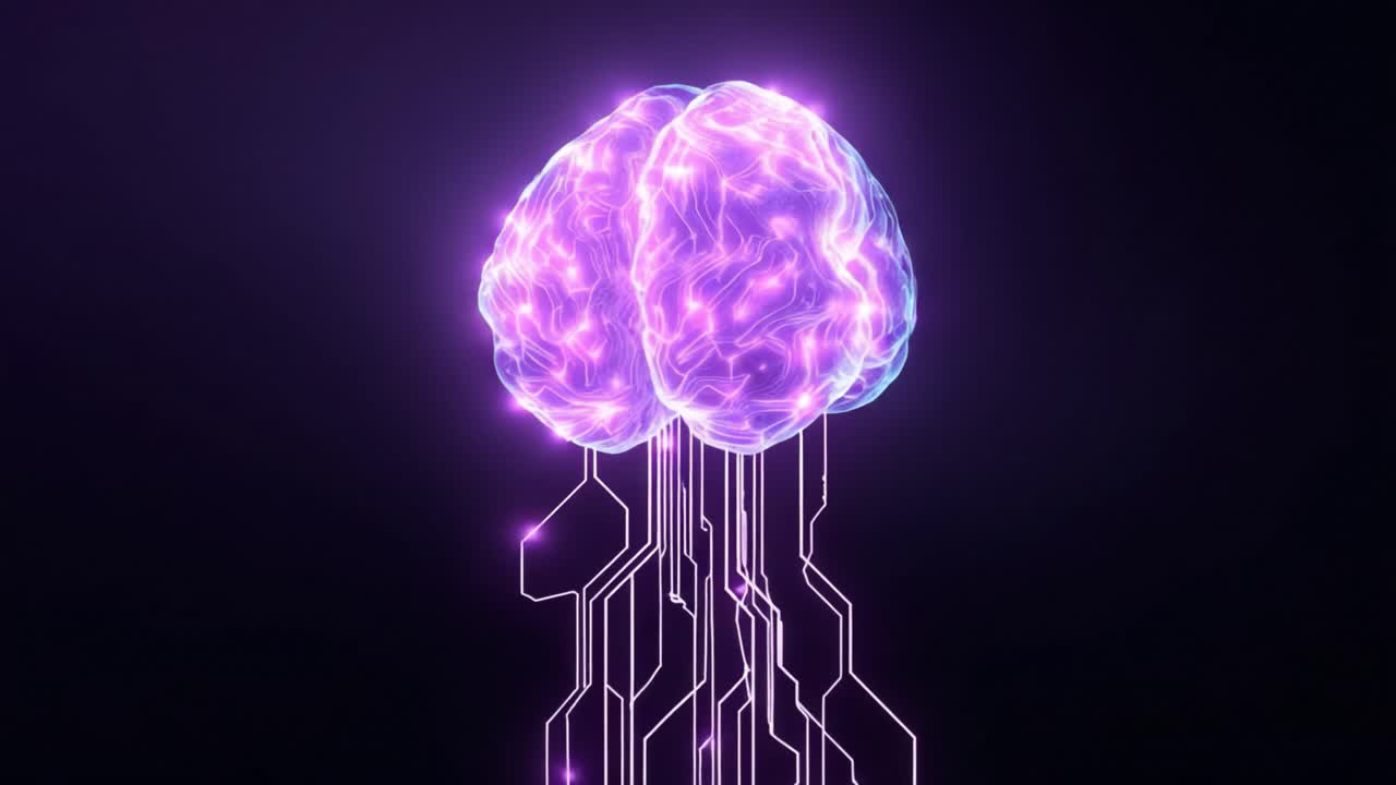 Digital brain rotating with neural activity and data processing through a glowing circuit board, conceptualizing artificial intelligence, machine learning, deep learning, and futuristic technology