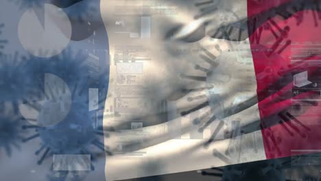 el macro virus de la corona se propaga con la bandera francesa ondeando en el fondo
