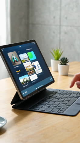 a hand interacting with a tablet showing a share sheet on a desk