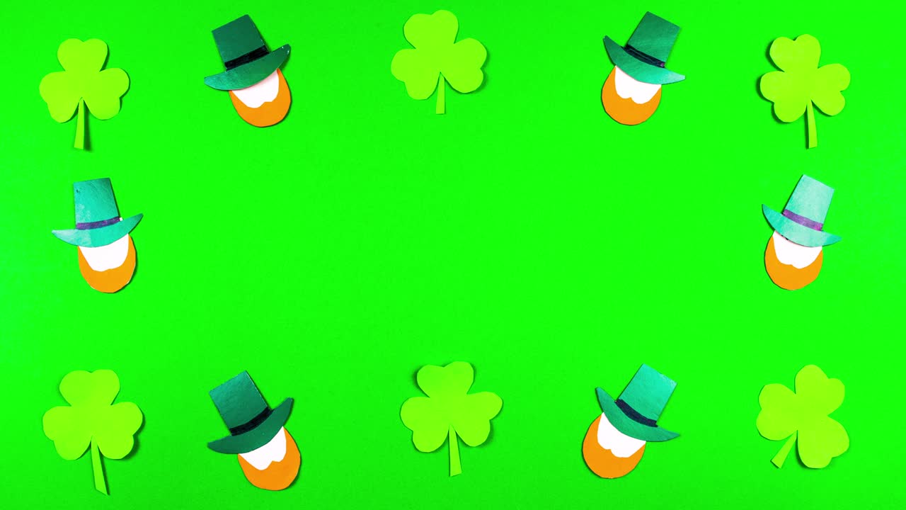 4k Greeting card for St. Patrick's Day, which is celebrated on March 17. Irish cultural holiday. Symbols of feast a shamrocks and leprechauns. Green background.