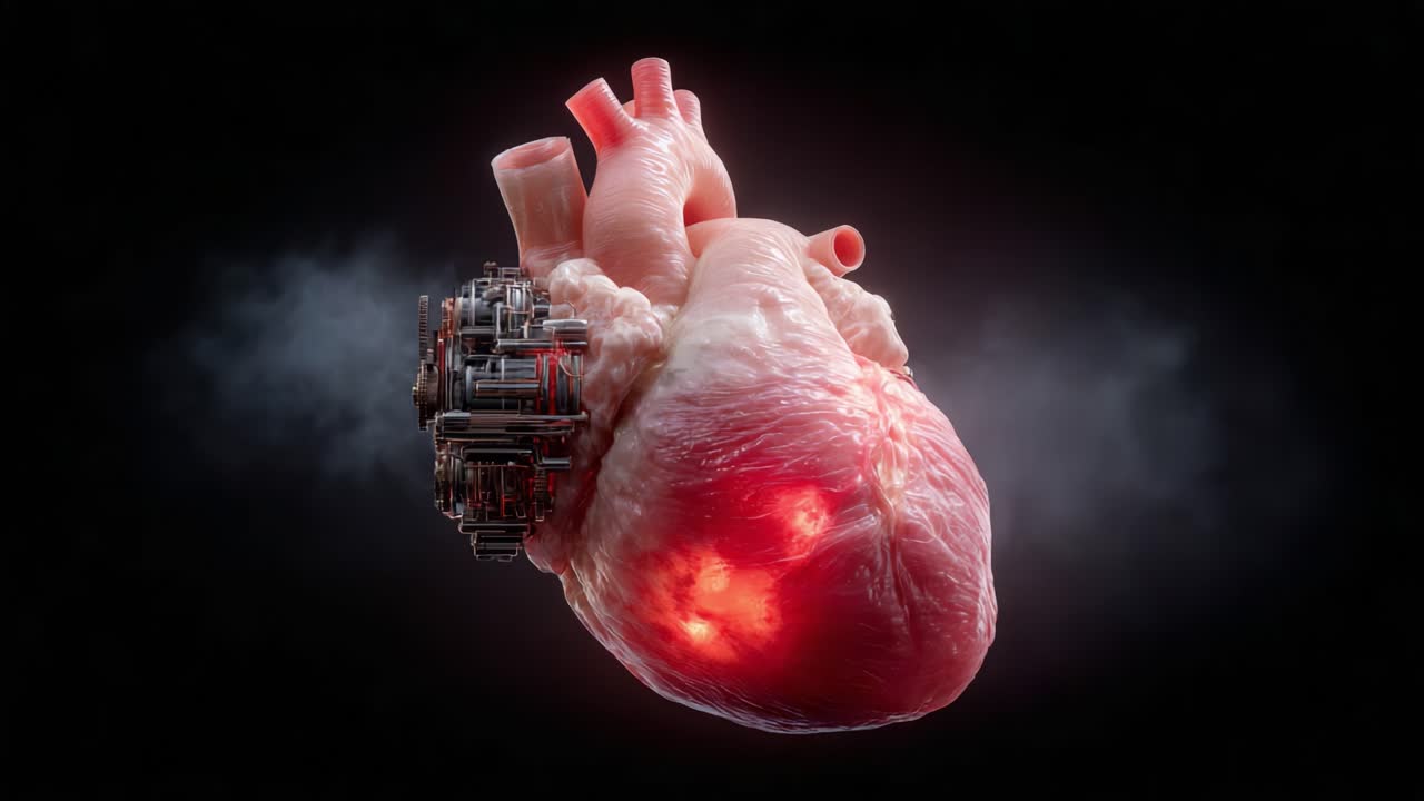 A Stunning Fusion of Biological and Mechanical Elements: A Realistic Heart with a Futuristic Core, Symbolizing the Intersection of Nature and Technology in Artwork