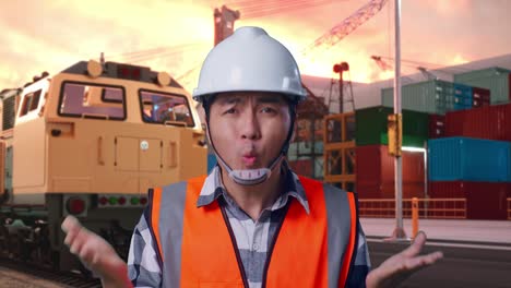 close up of wondering asian male engineer with safety helmet saying why working doubtfully with freight cargo train at port