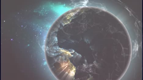 animación de la red de conexiones sobre el globo giratorio contra el espacio.