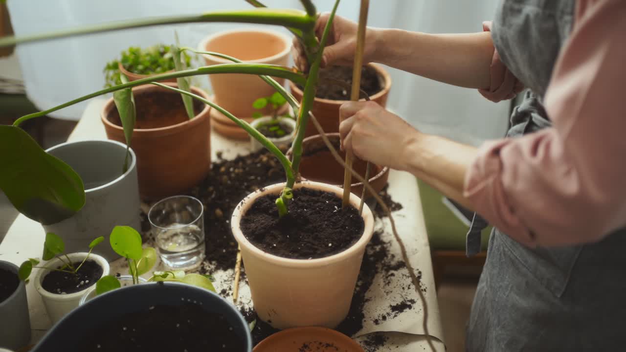 Giardiniera che fissa una Monstera deliciosa a un tutore