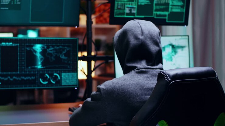 Wanted cyber criminal wearing a white mask