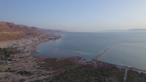 an area with green blooms next to the dead sea with the hotels in the background