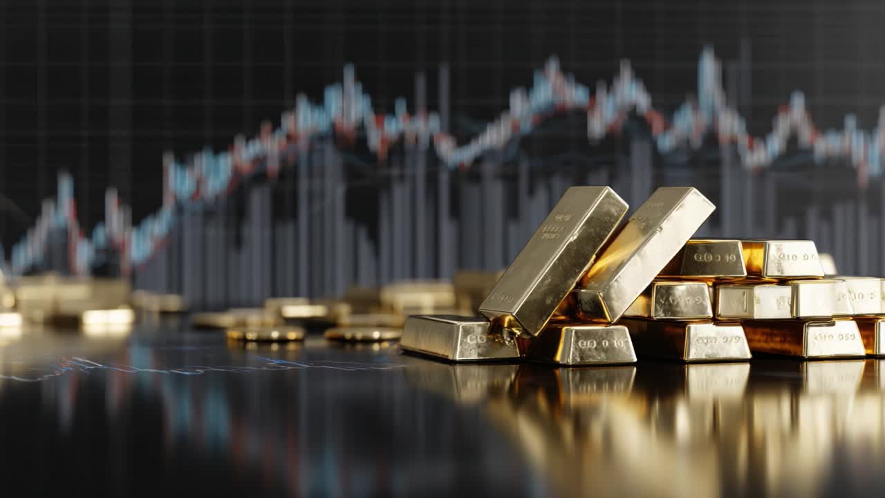 A Close-Up View of Piled Gold Bars Against an Impressive Financial Chart Reflecting Market Trends and Economic Dynamics in Investments and Trading