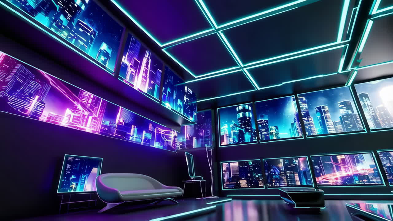 Futuristic Cyberpunk Media Room with Neon Lights and Digital Cityscape Displays