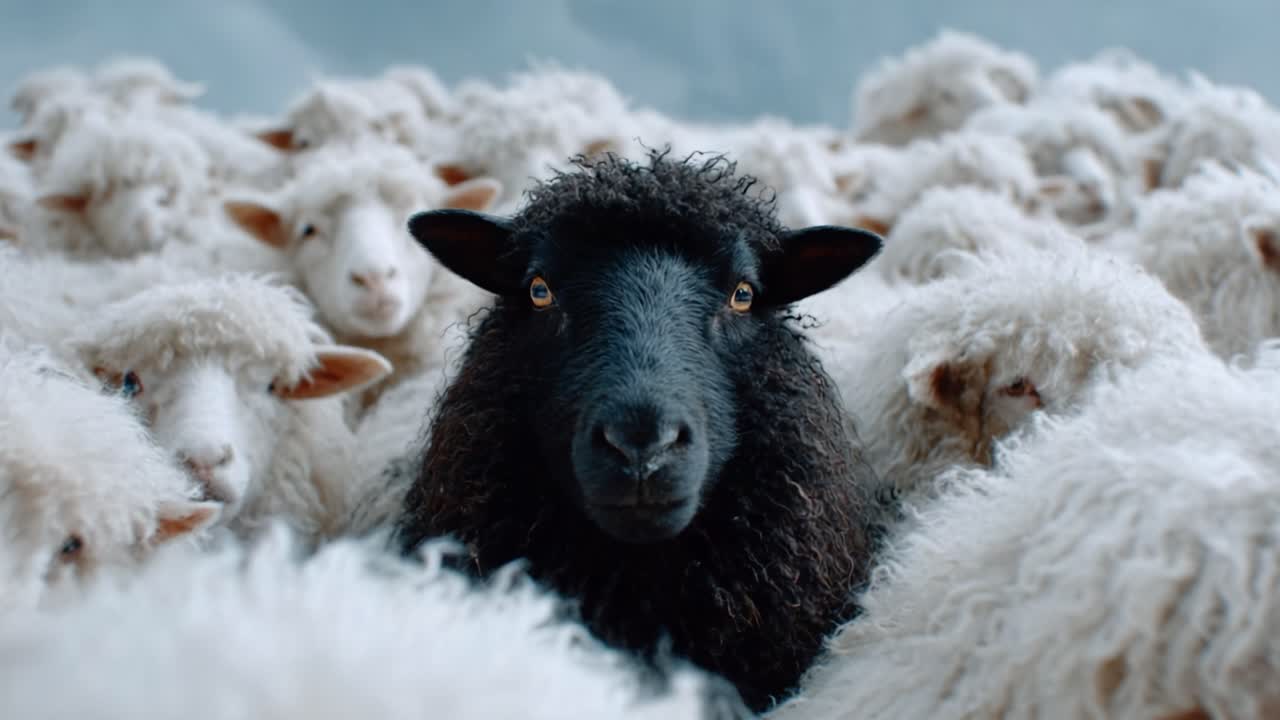 A Striking Contrast Among the Flock: A Unique Black Sheep Standing Out Amidst the White Sheep in a Captivating Pastoral Scene