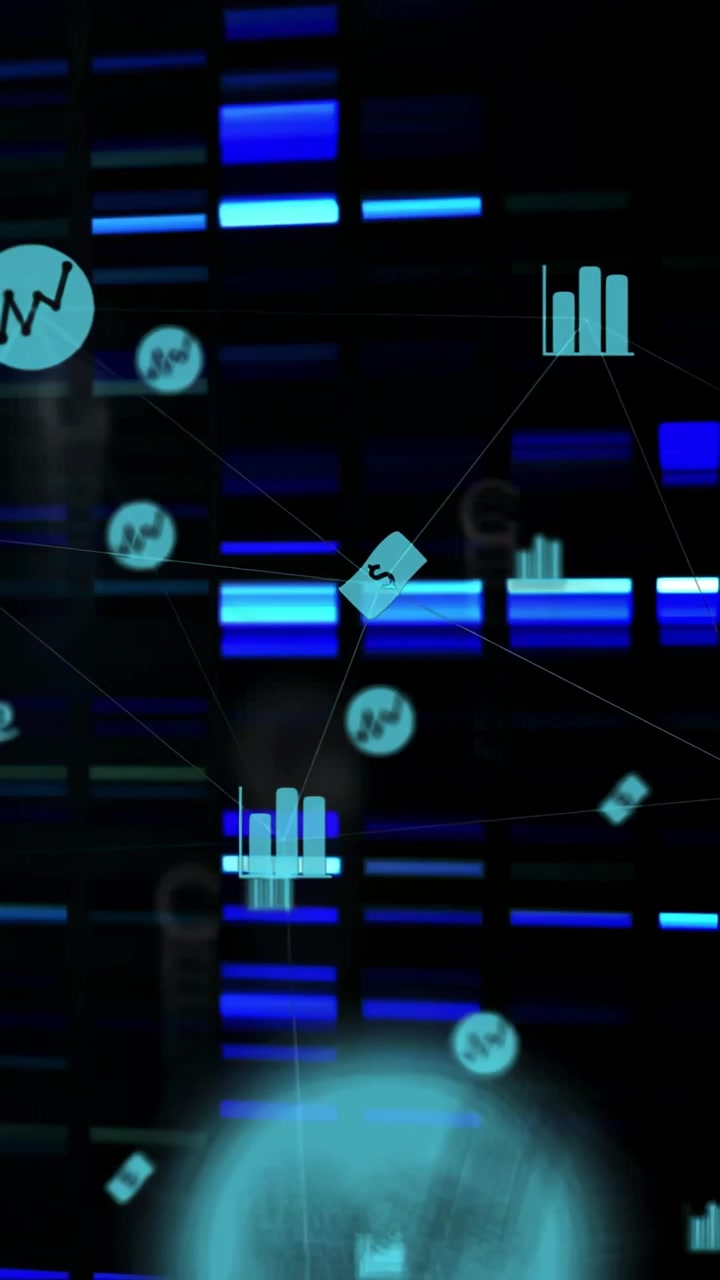 Neon-blue bars sliding, teal icons emerging and floating, lines connecting nodes, showing data flow