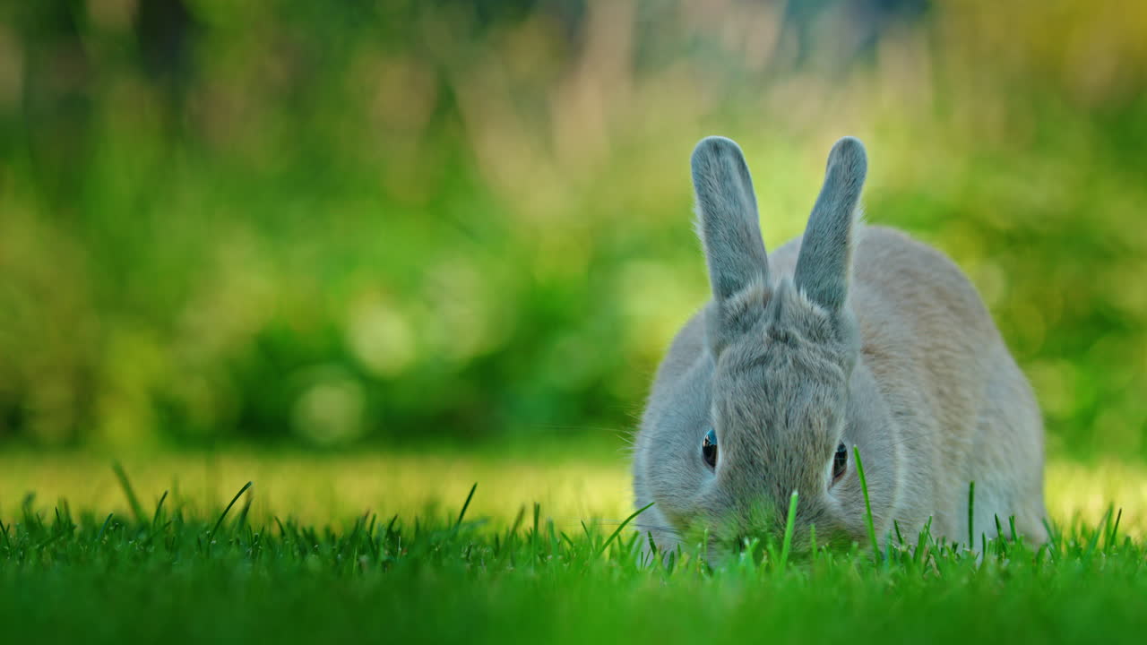 un conejo gris esponjoso en un prado verde