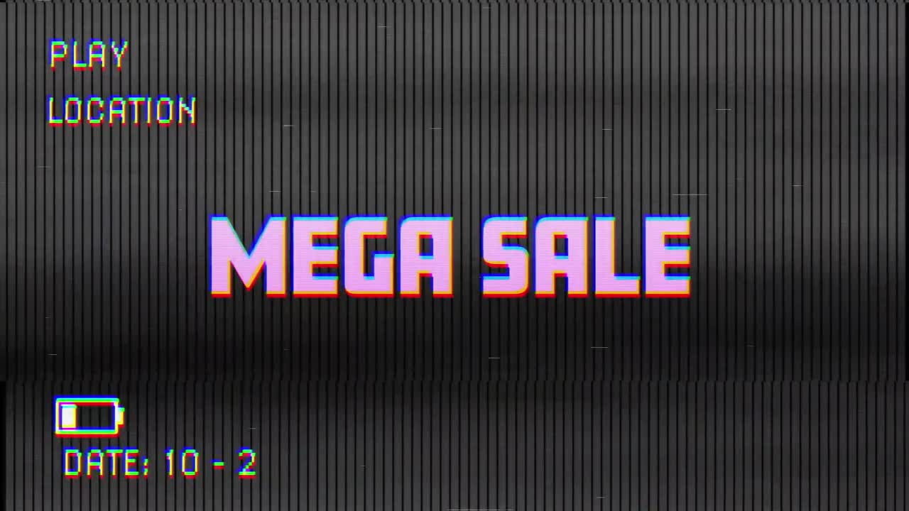 Animazione digitale dell'effetto glitch VHS sul testo mega saldi su sfondo nero