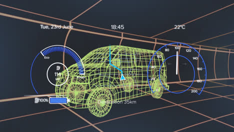 animation of speedometers, numbers and battery icon over 3d model of van against black background