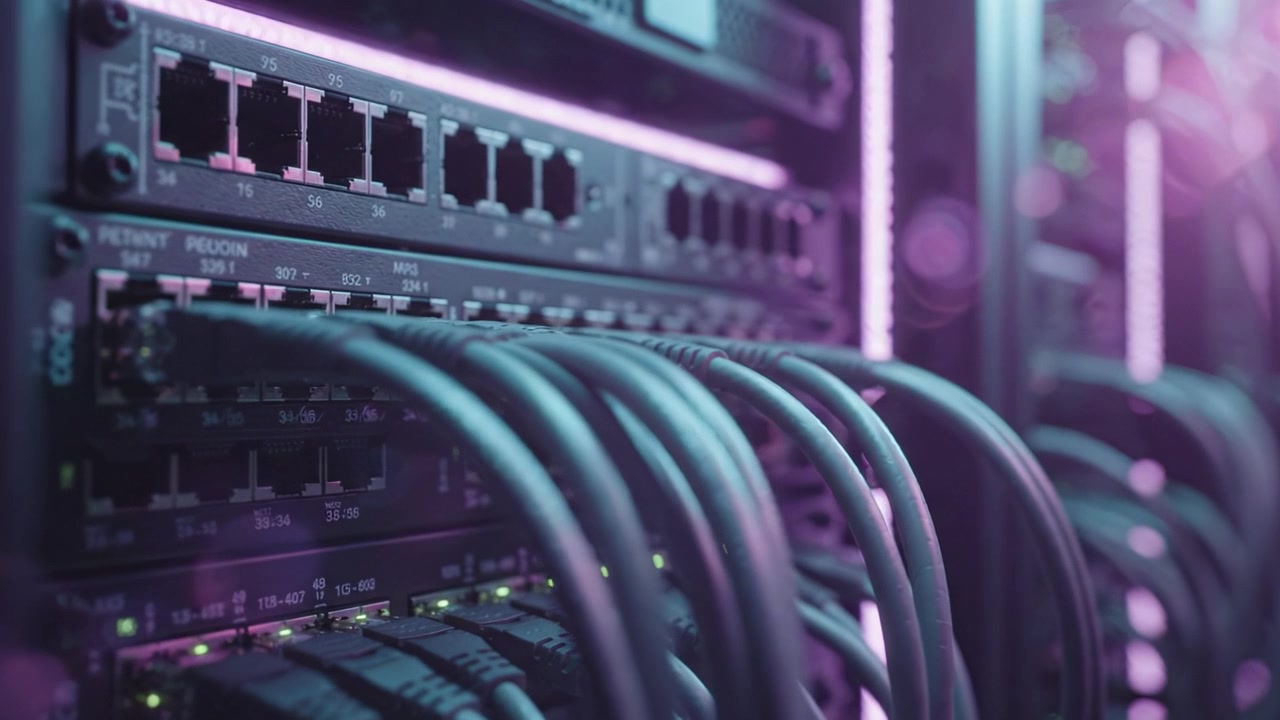 A Close-Up View of High-Tech Data Center Network Equipment Showcasing Cables, Switches, and RGB Lighting for Enhanced Visual Appeal and Connectivity