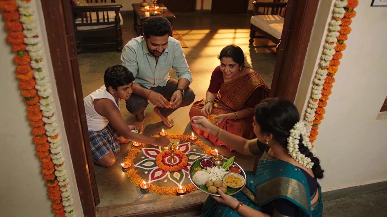 Donna in sari blu con thali che guida la famiglia a posizionare e accendere diya intorno a un rangoli per la puja.
