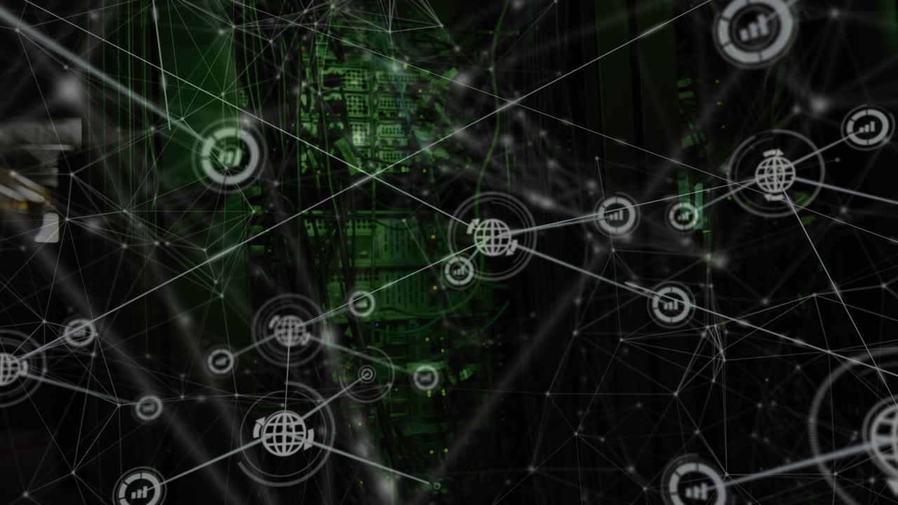 Animation of digital icons and networks of connections over computer servers