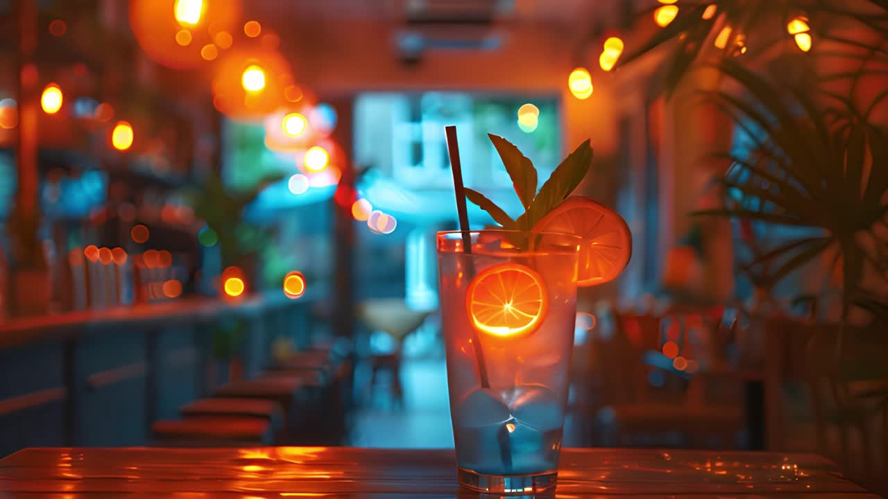 A refreshing cocktail with orange slices and mint on a bar counter at night