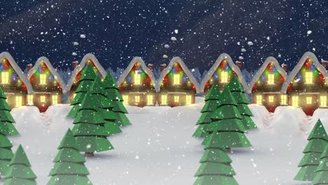 Snow-falling-over-multiple-houses-and-trees-on-winter-landscape-against-night-sky