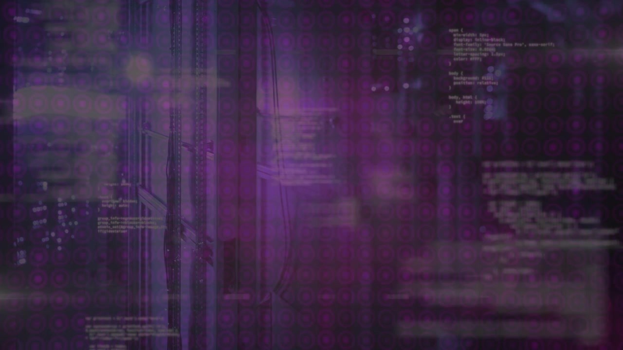 Starting, vertical data column shifting, purple curtain pulsing, code scrolling for tech visuals