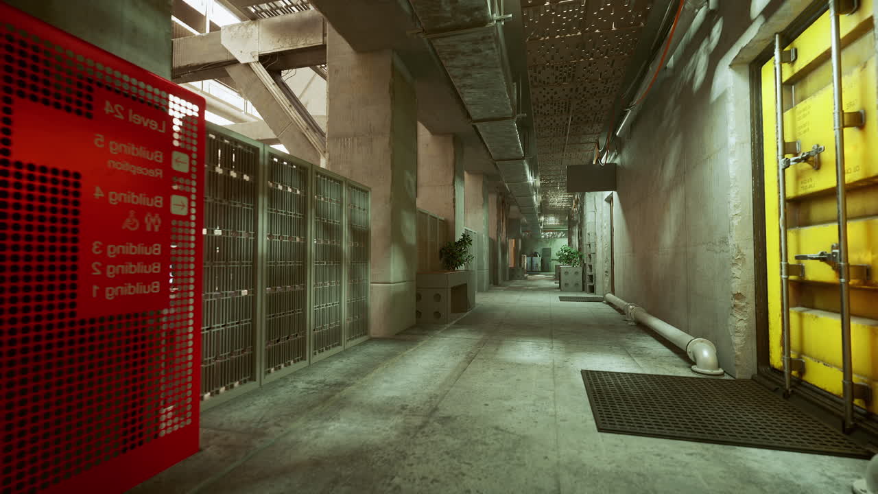 Derelict corridor scene deserted passageway featuring lockers and pipes