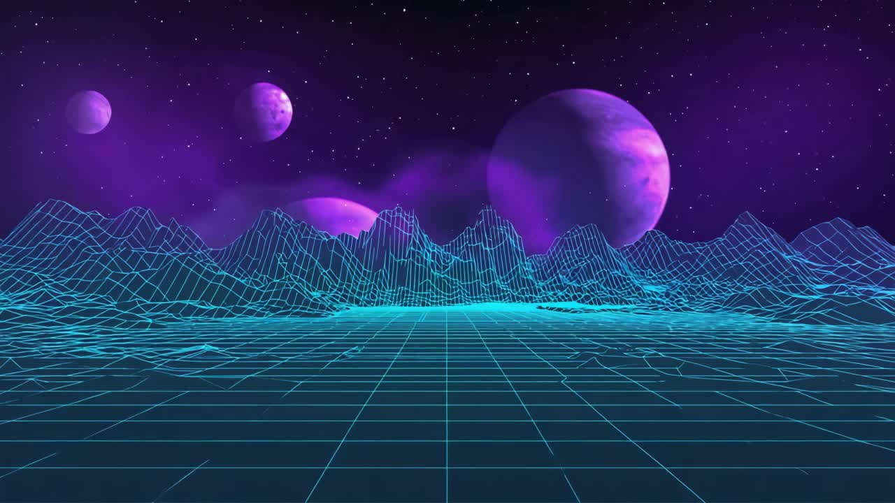 Synthwave landscape with planets and grid mountains