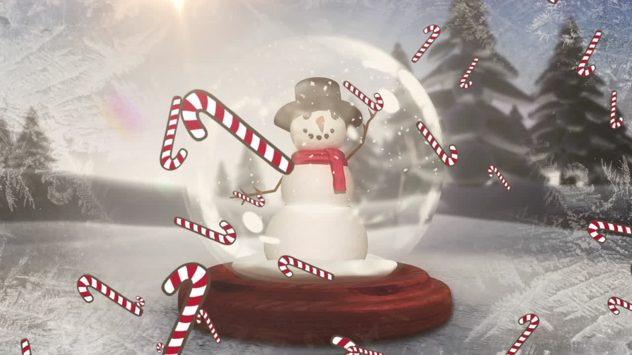 Multiple candy cane icons falling over snowman in a snow globe on winter landscape