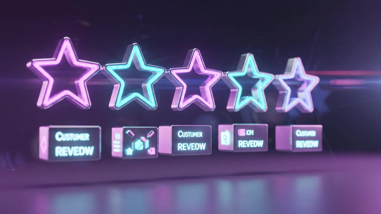 A Vibrant Comparison of Customer Reviews Highlighting Five Star Ratings with Neon Lights and Dynamic Design Elements Showcasing Positive Feedback