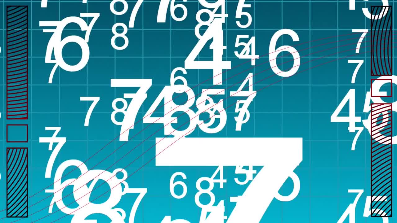 animación digital de múltiples números crecientes y formas abstractas sobre líneas de cuadrícula contra ba azul