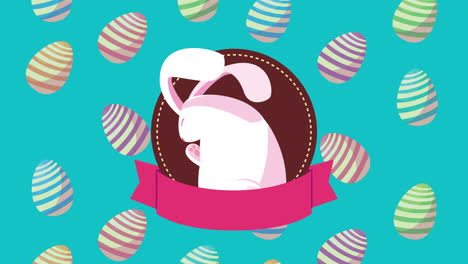feliz tarjeta de pascua con huevos pintados y conejo