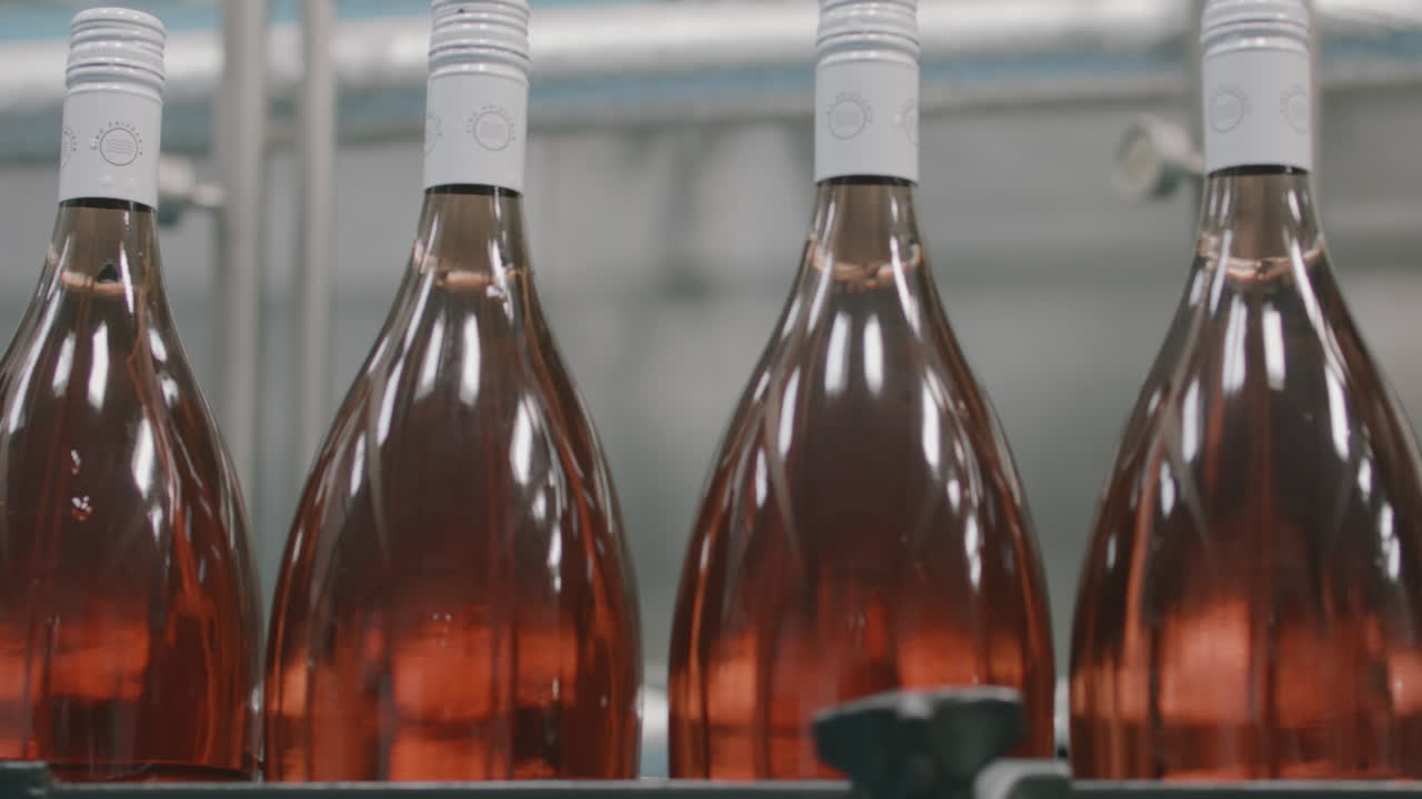 Medium shot showing filled and capped wine bottles moving in a row along an industrial production line.