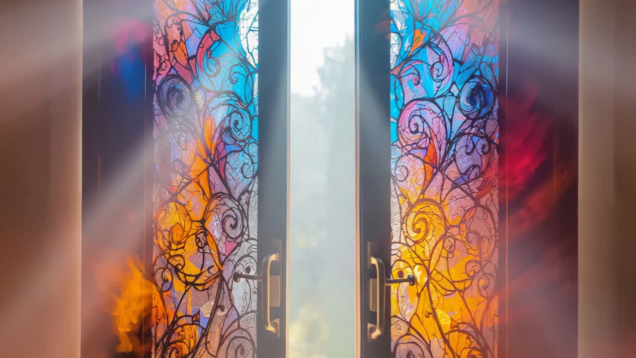 Stained Glass Door Leading to a Garden