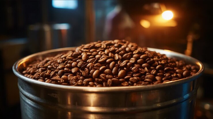 Chicchi di caffè in un tamburo di torrefazione