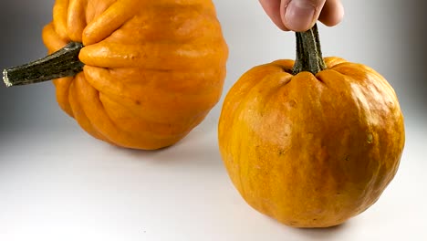 Male-hand-putting-down-small-decorative-pumpkin-on-a-white-table,-SLOMO,-STILL