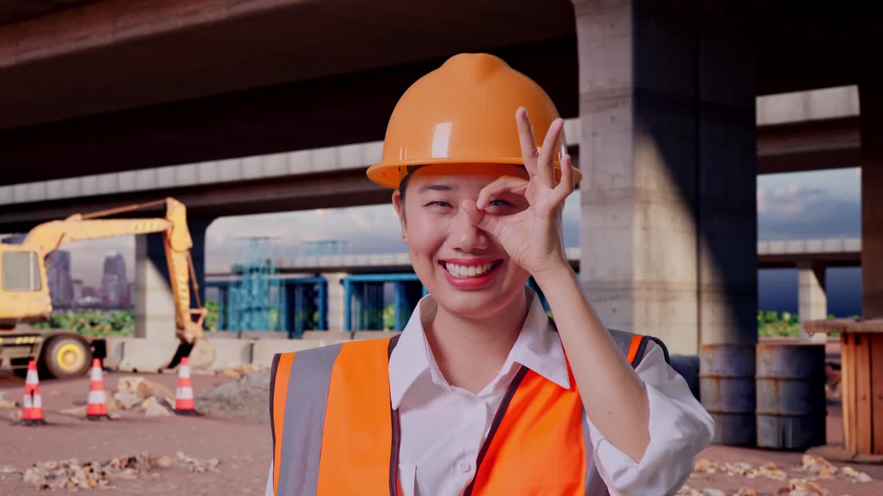 Close Up Of Asian Female Engineer With Safety Helmet Showing Ok Hand Sign Over Eye And Smiling To Camera While Standing At The Site of Highway Construction